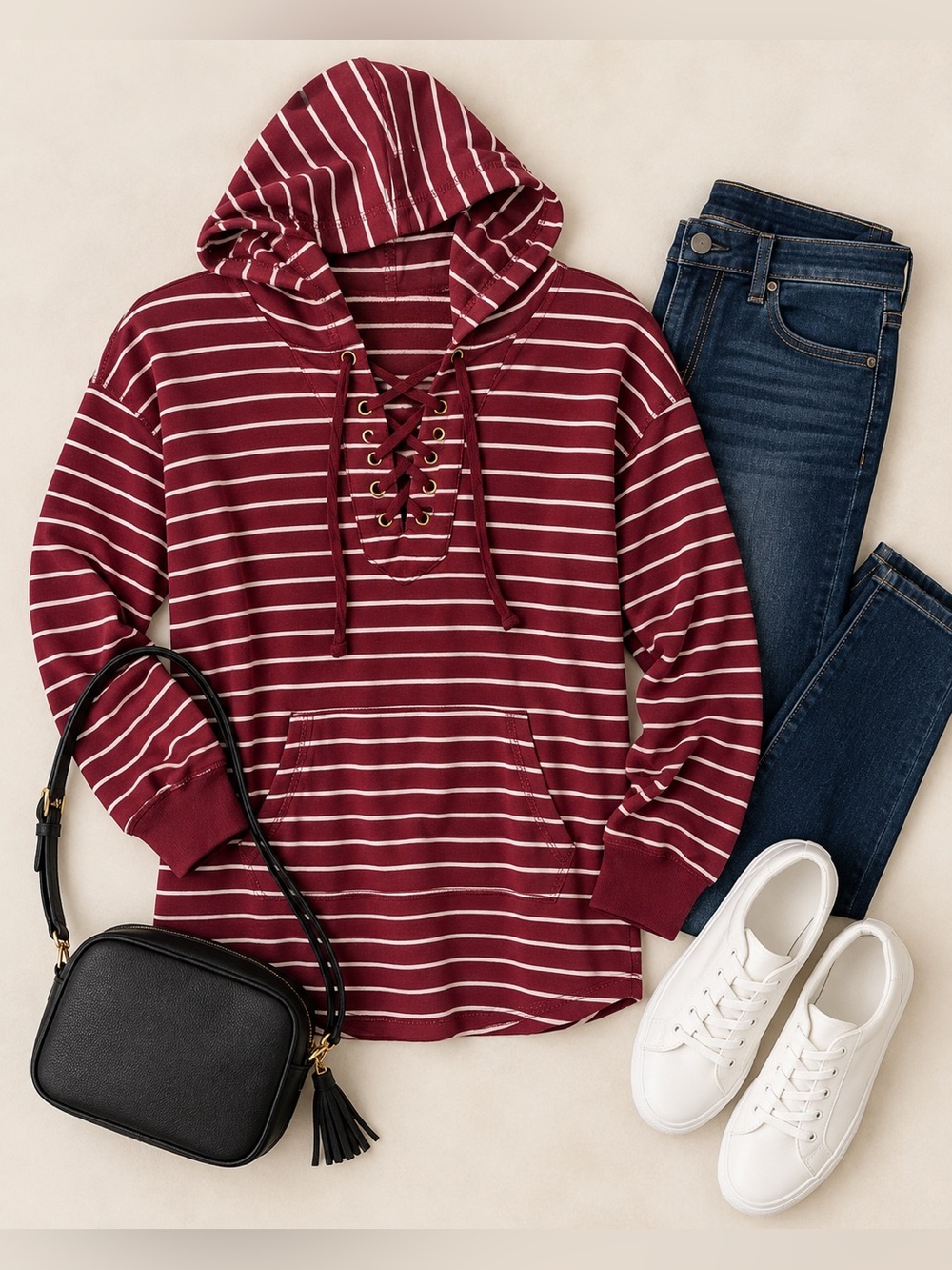 Maurices Burgundy & White Striped Lace-Up Hoodie